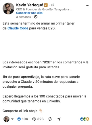 Publicación de Kevin Yarlequé en LinkedIn anunciando el taller de prospección con IA